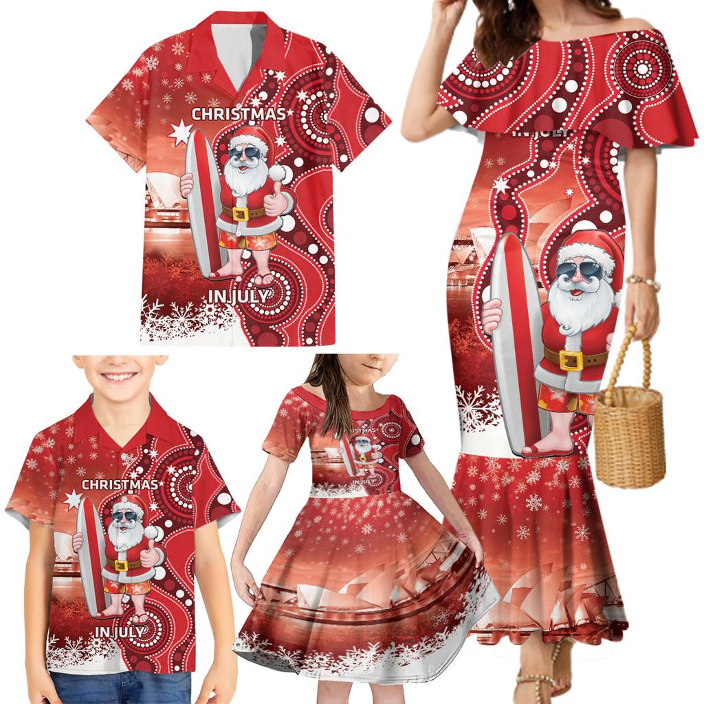 Christmas In July Australia Family Matching Mermaid Dress and Hawaiian Shirt Santa Surfboard Sydney Opera House - Red