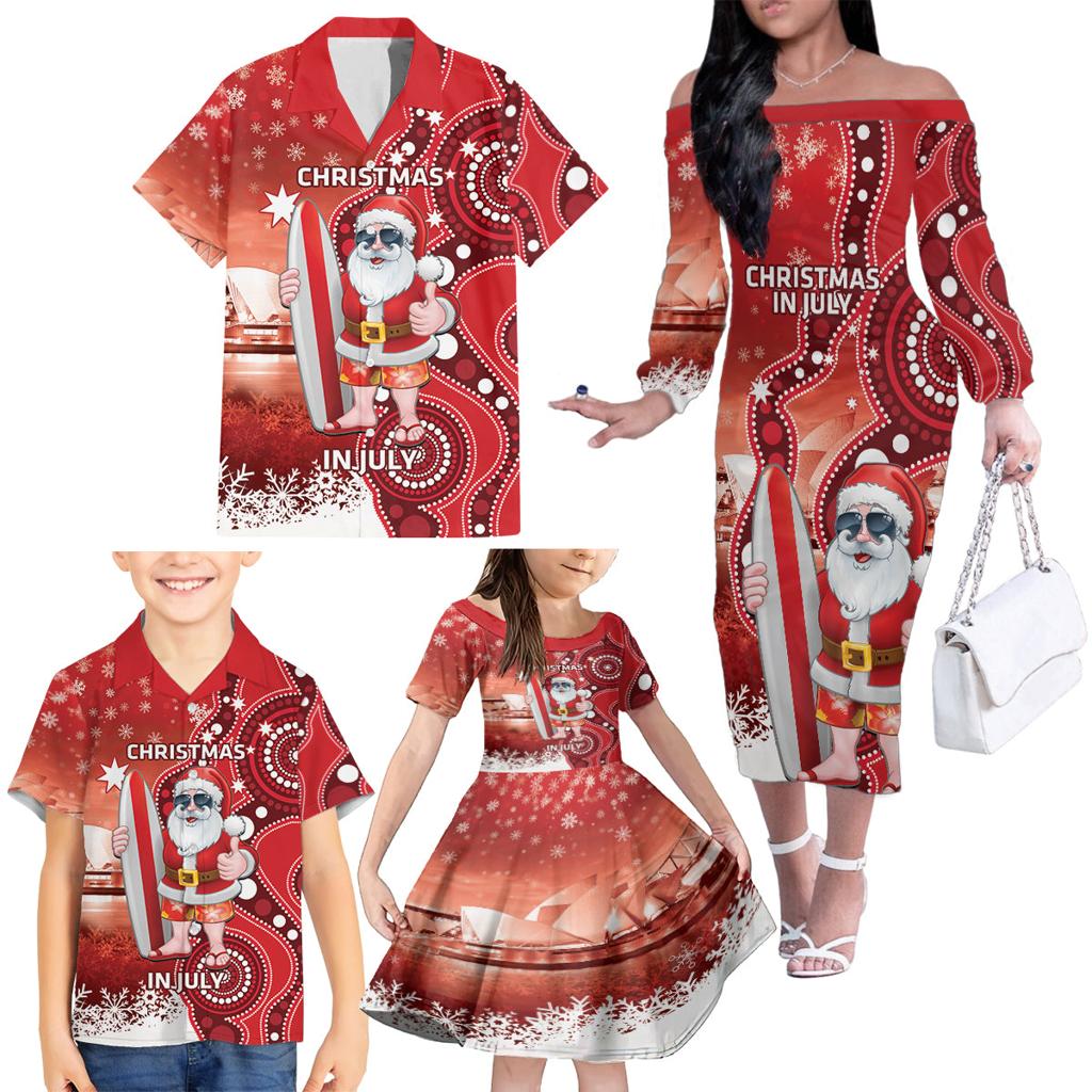 Christmas In July Australia Family Matching Off The Shoulder Long Sleeve Dress and Hawaiian Shirt Santa Surfboard Sydney Opera House - Red