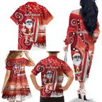 Christmas In July Australia Family Matching Off The Shoulder Long Sleeve Dress and Hawaiian Shirt Santa Surfboard Sydney Opera House - Red