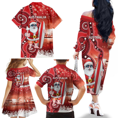 Christmas In July Australia Family Matching Off The Shoulder Long Sleeve Dress and Hawaiian Shirt Santa Surfboard Sydney Opera House - Red