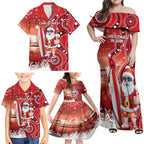 Christmas In July Australia Family Matching Off Shoulder Maxi Dress and Hawaiian Shirt Santa Surfboard Sydney Opera House - Red
