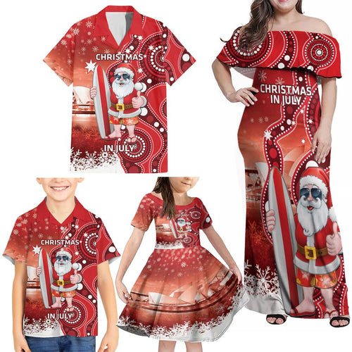 Christmas In July Australia Family Matching Off Shoulder Maxi Dress and Hawaiian Shirt Santa Surfboard Sydney Opera House - Red