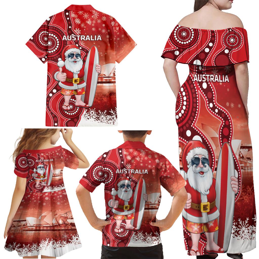 Christmas In July Australia Family Matching Off Shoulder Maxi Dress and Hawaiian Shirt Santa Surfboard Sydney Opera House - Red