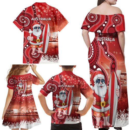 Christmas In July Australia Family Matching Off Shoulder Maxi Dress and Hawaiian Shirt Santa Surfboard Sydney Opera House - Red