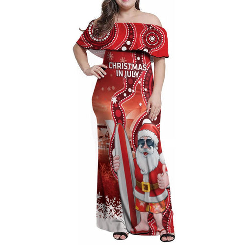 Christmas In July Australia Family Matching Off Shoulder Maxi Dress and Hawaiian Shirt Santa Surfboard Sydney Opera House - Red