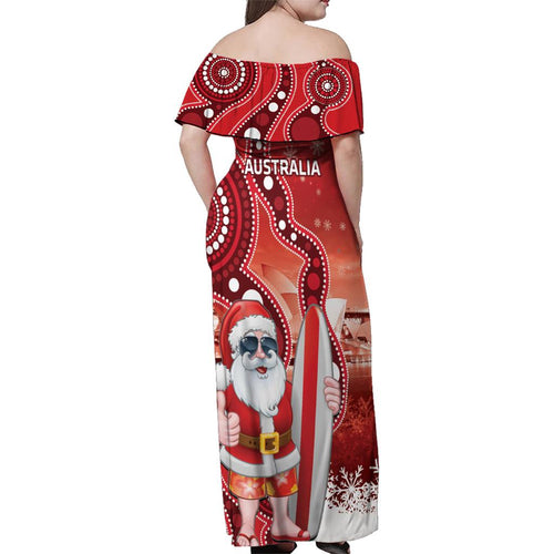Christmas In July Australia Family Matching Off Shoulder Maxi Dress and Hawaiian Shirt Santa Surfboard Sydney Opera House - Red
