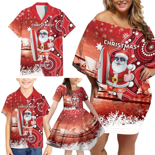 Christmas In July Australia Family Matching Off Shoulder Short Dress and Hawaiian Shirt Santa Surfboard Sydney Opera House - Red