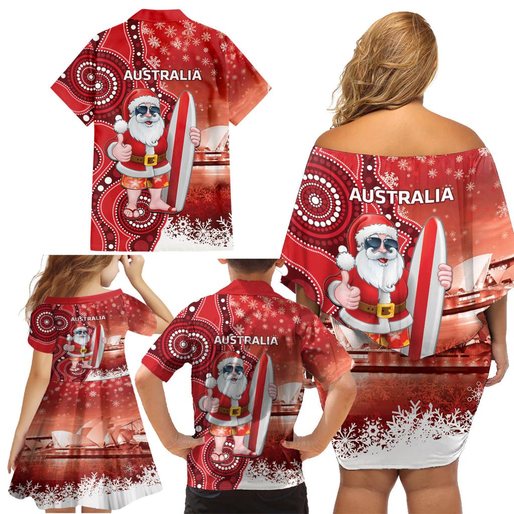 Christmas In July Australia Family Matching Off Shoulder Short Dress and Hawaiian Shirt Santa Surfboard Sydney Opera House - Red