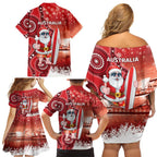 Christmas In July Australia Family Matching Off Shoulder Short Dress and Hawaiian Shirt Santa Surfboard Sydney Opera House - Red