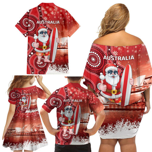 Christmas In July Australia Family Matching Off Shoulder Short Dress and Hawaiian Shirt Santa Surfboard Sydney Opera House - Red