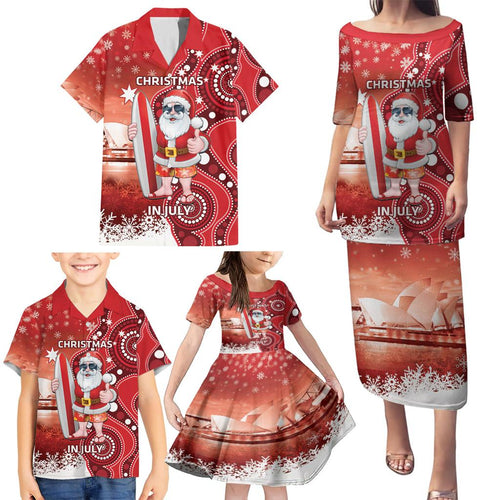 Christmas In July Australia Family Matching Puletasi and Hawaiian Shirt Santa Surfboard Sydney Opera House - Red