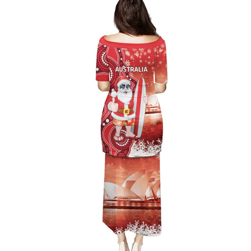 Christmas In July Australia Family Matching Puletasi and Hawaiian Shirt Santa Surfboard Sydney Opera House - Red