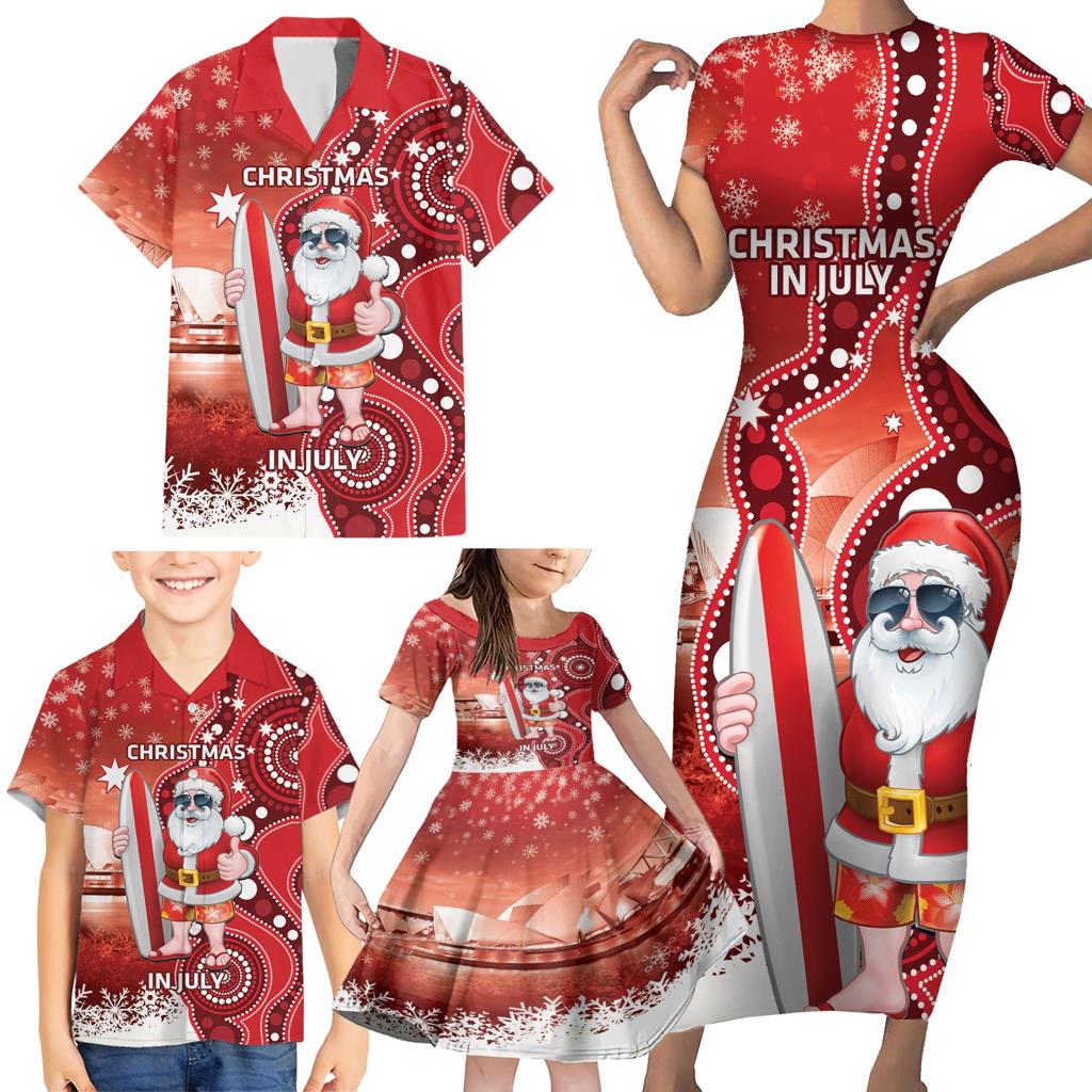 Christmas In July Australia Family Matching Short Sleeve Bodycon Dress and Hawaiian Shirt Santa Surfboard Sydney Opera House - Red
