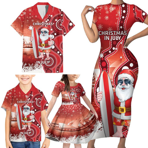 Christmas In July Australia Family Matching Short Sleeve Bodycon Dress and Hawaiian Shirt Santa Surfboard Sydney Opera House - Red
