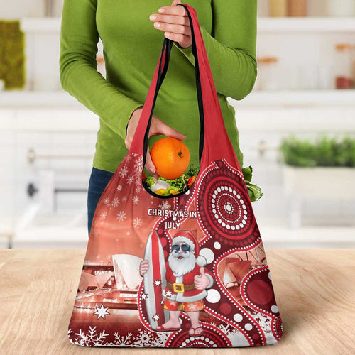 Christmas In July Australia Grocery Bag Santa Surfboard Sydney Opera House - Red