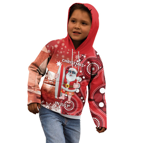 Christmas In July Australia Kid Hoodie Santa Surfboard Sydney Opera House - Red