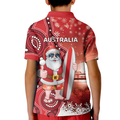 Christmas In July Australia Kid Polo Shirt Santa Surfboard Sydney Opera House - Red
