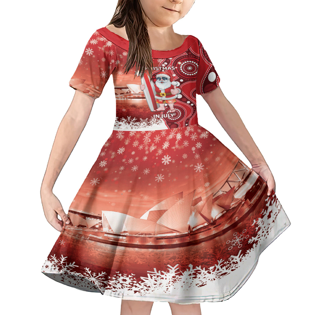 Christmas In July Australia Kid Short Sleeve Dress Santa Surfboard Sydney Opera House - Red