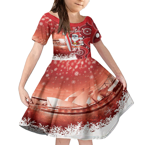 Christmas In July Australia Kid Short Sleeve Dress Santa Surfboard Sydney Opera House - Red