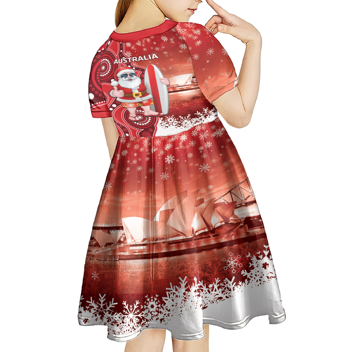 Christmas In July Australia Kid Short Sleeve Dress Santa Surfboard Sydney Opera House - Red