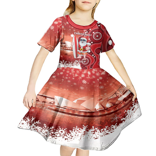 Christmas In July Australia Kid Short Sleeve Dress Santa Surfboard Sydney Opera House - Red