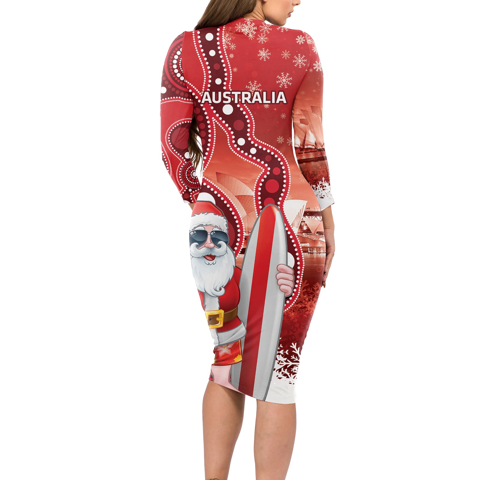 Christmas In July Australia Long Sleeve Bodycon Dress Santa Surfboard Sydney Opera House - Red