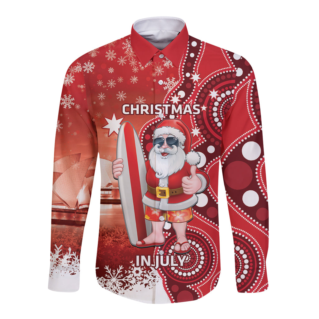 Christmas In July Australia Long Sleeve Button Shirt Santa Surfboard Sydney Opera House - Red