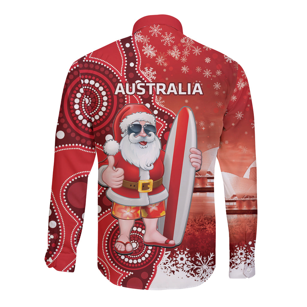 Christmas In July Australia Long Sleeve Button Shirt Santa Surfboard Sydney Opera House - Red