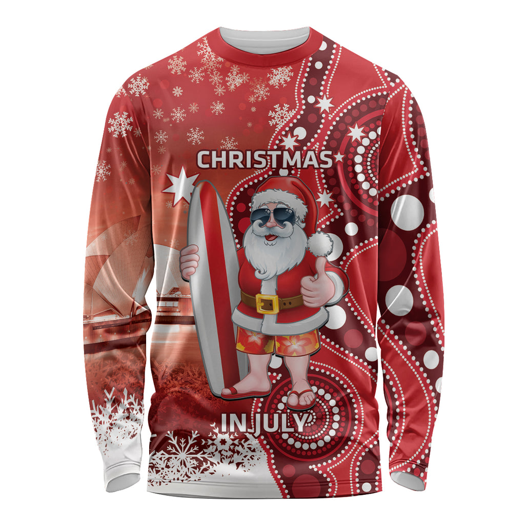 Christmas In July Australia Long Sleeve Shirt Santa Surfboard Sydney Opera House - Red