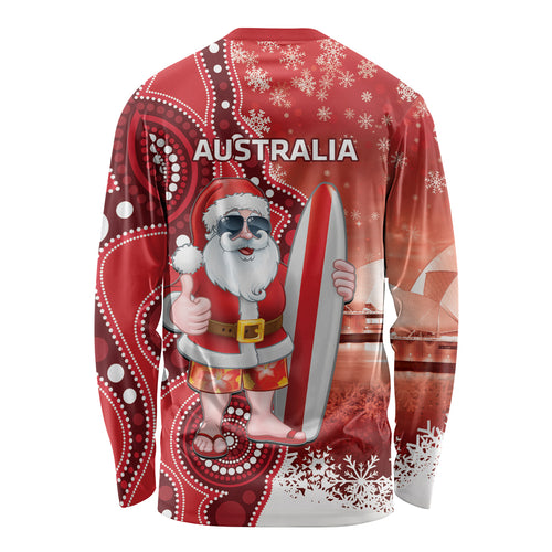 Christmas In July Australia Long Sleeve Shirt Santa Surfboard Sydney Opera House - Red