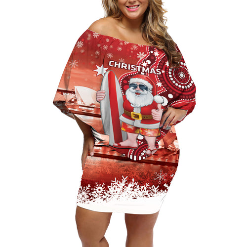 Christmas In July Australia Off Shoulder Short Dress Santa Surfboard Sydney Opera House - Red