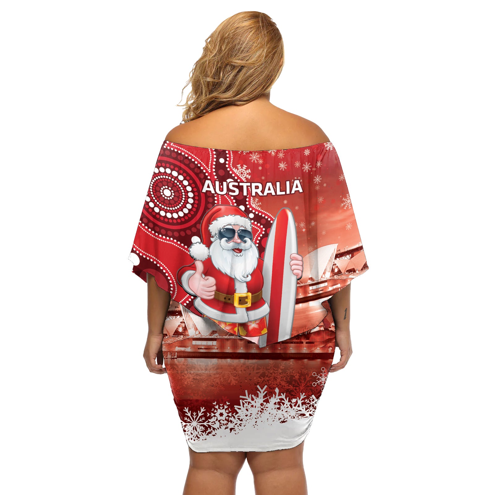 Christmas In July Australia Off Shoulder Short Dress Santa Surfboard Sydney Opera House - Red