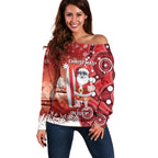 Christmas In July Australia Off Shoulder Sweater Santa Surfboard Sydney Opera House - Red