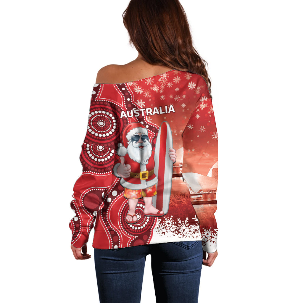 Christmas In July Australia Off Shoulder Sweater Santa Surfboard Sydney Opera House - Red
