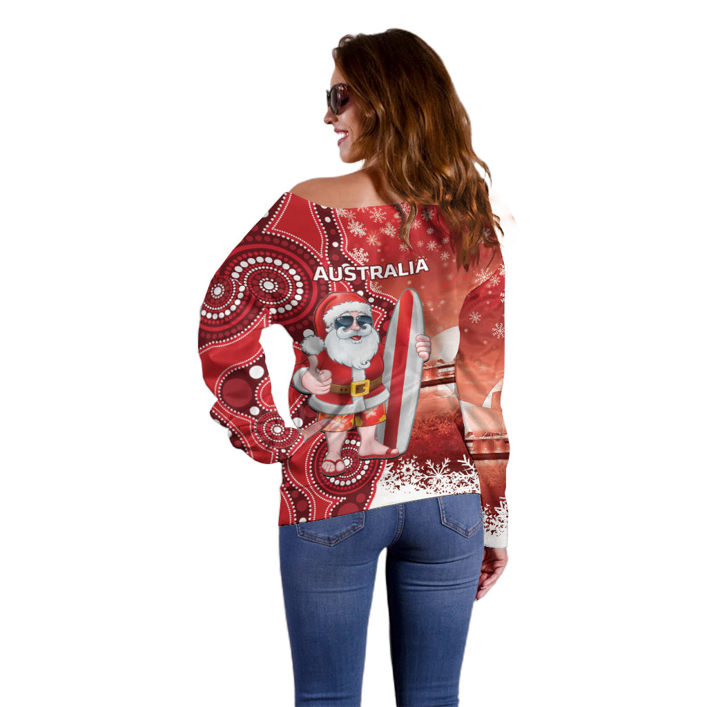 Christmas In July Australia Off Shoulder Sweater Santa Surfboard Sydney Opera House - Red