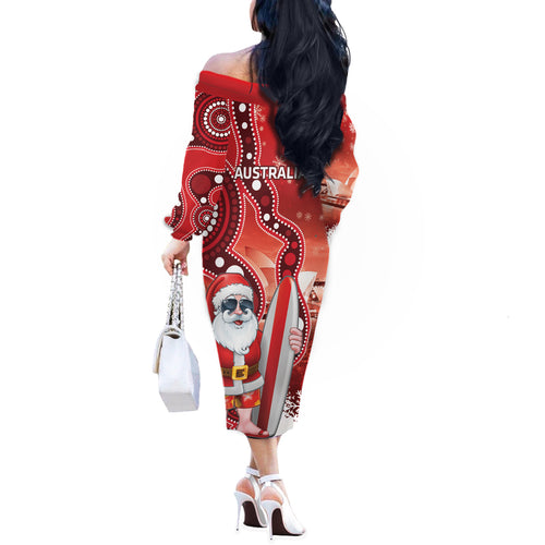 Christmas In July Australia Off The Shoulder Long Sleeve Dress Santa Surfboard Sydney Opera House - Red