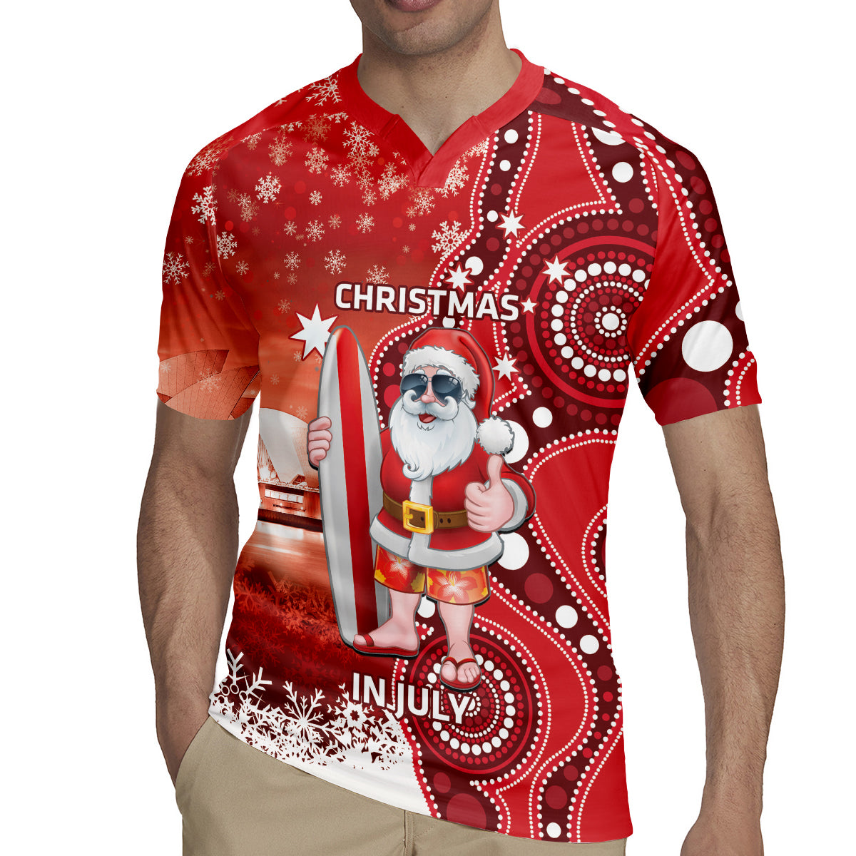 Christmas In July Australia Rugby Jersey Santa Surfboard Sydney Opera House - Red