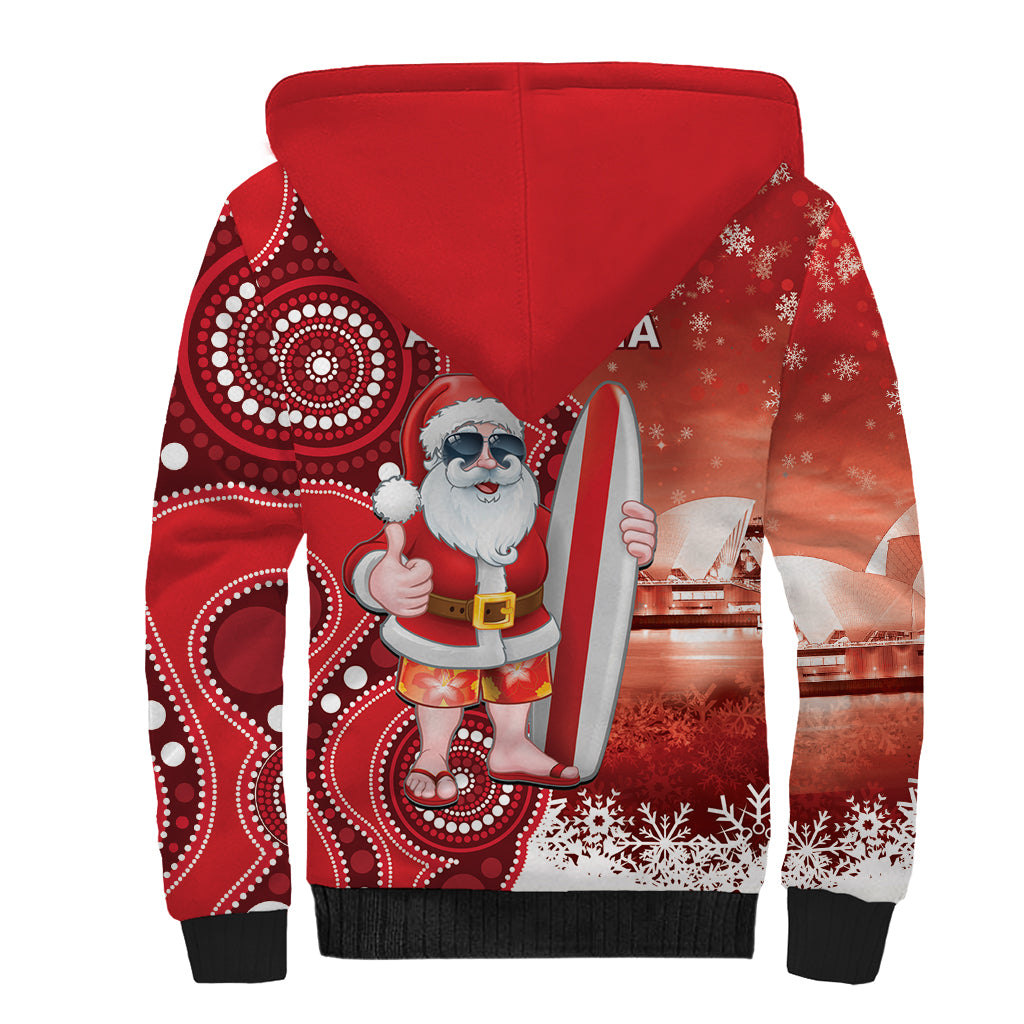 Christmas In July Australia Sherpa Hoodie Santa Surfboard Sydney Opera House - Red