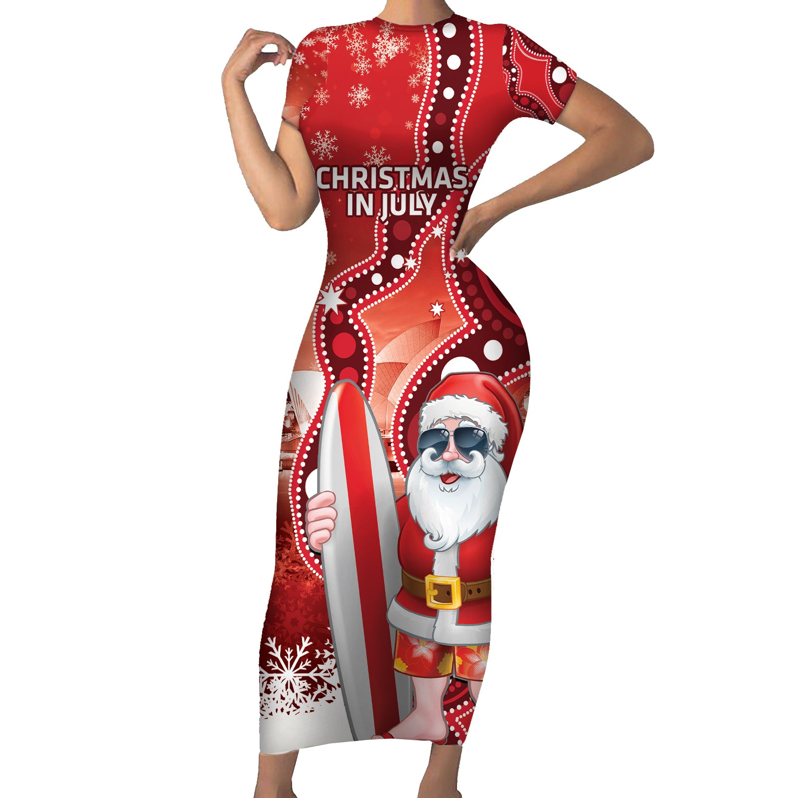 Christmas In July Australia Short Sleeve Bodycon Dress Santa Surfboard Sydney Opera House - Red