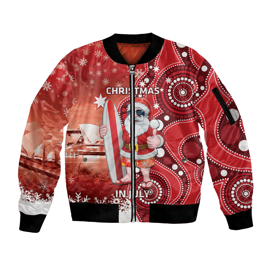 Christmas In July Australia Sleeve Zip Bomber Jacket Santa Surfboard Sydney Opera House - Red