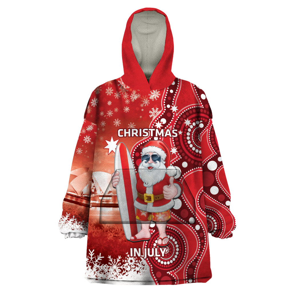 Christmas In July Australia Wearable Blanket Hoodie Santa Surfboard Sydney Opera House - Red