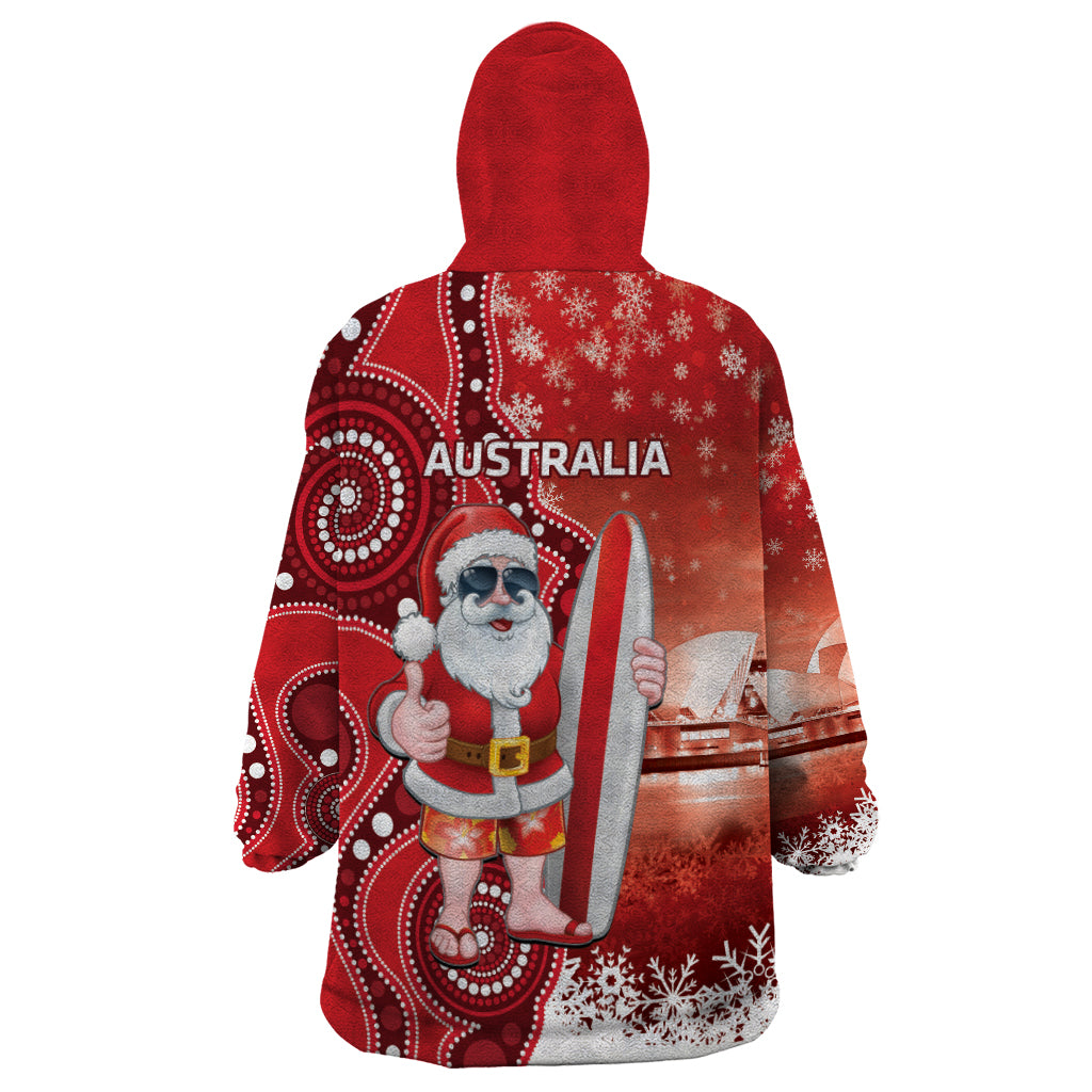 Christmas In July Australia Wearable Blanket Hoodie Santa Surfboard Sydney Opera House - Red