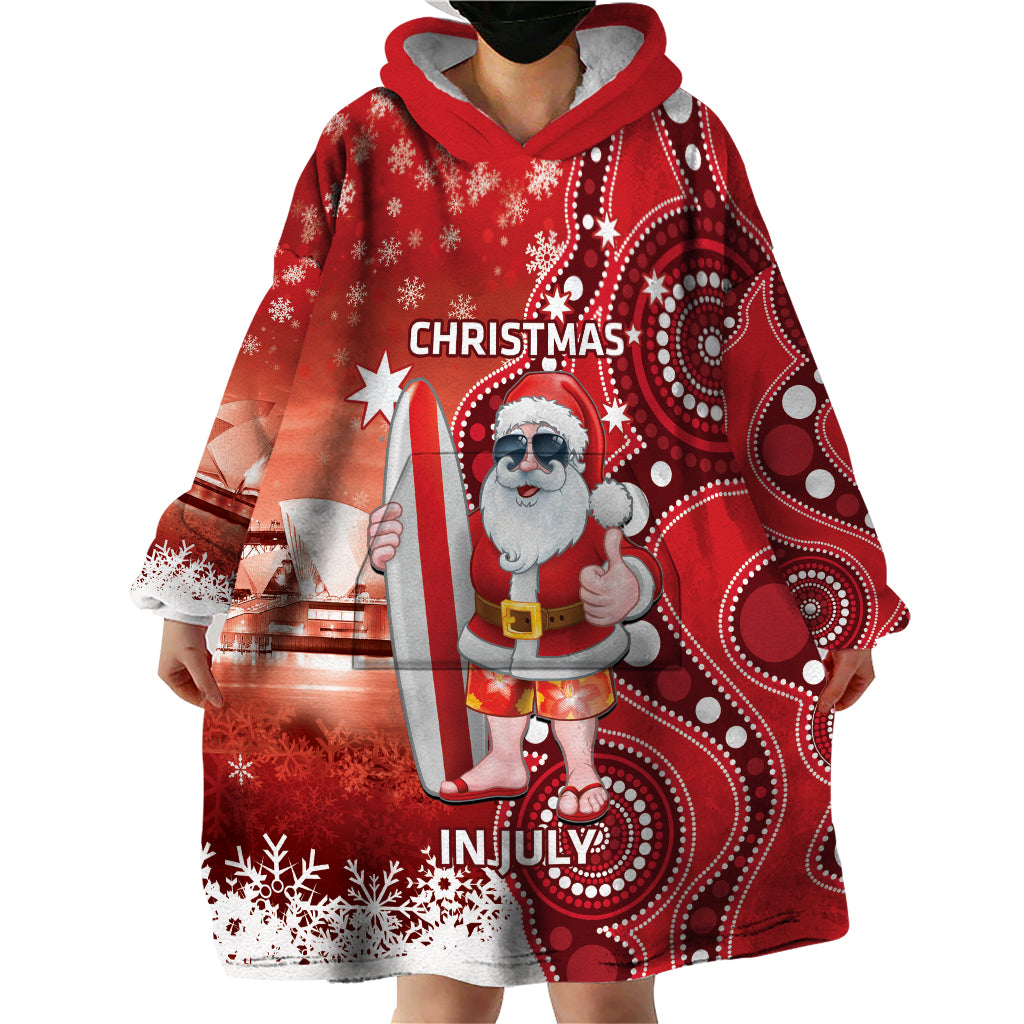 Christmas In July Australia Wearable Blanket Hoodie Santa Surfboard Sydney Opera House - Red