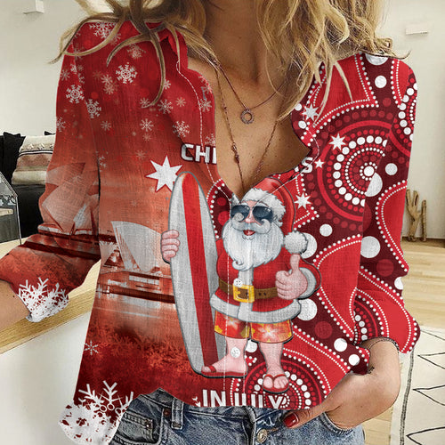 Christmas In July Australia Women Casual Shirt Santa Surfboard Sydney Opera House - Red