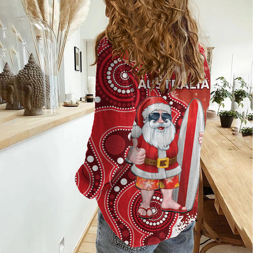Christmas In July Australia Women Casual Shirt Santa Surfboard Sydney Opera House - Red