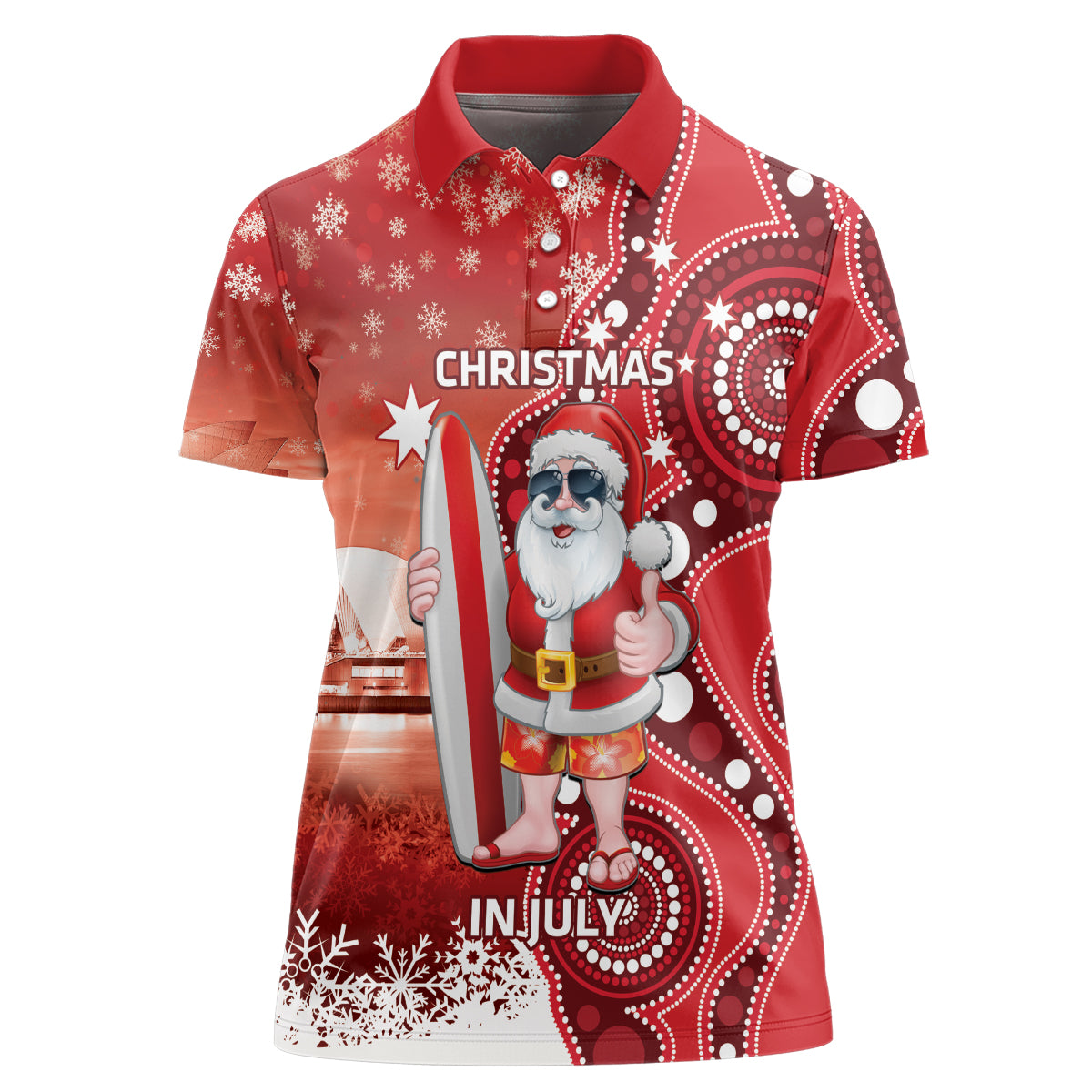 Christmas In July Australia Women Polo Shirt Santa Surfboard Sydney Opera House - Red