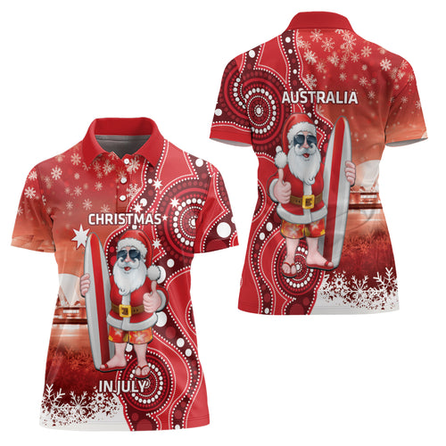 Christmas In July Australia Women Polo Shirt Santa Surfboard Sydney Opera House - Red