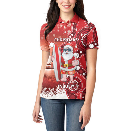 Christmas In July Australia Women Polo Shirt Santa Surfboard Sydney Opera House - Red