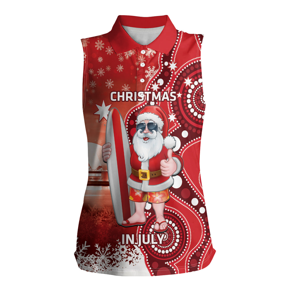 Christmas In July Australia Women Sleeveless Polo Shirt Santa Surfboard Sydney Opera House - Red