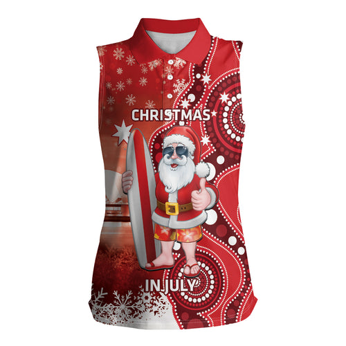 Christmas In July Australia Women Sleeveless Polo Shirt Santa Surfboard Sydney Opera House - Red